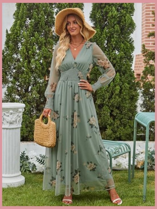 Floral Maxi Dress V Neck Puff Long Sleeve Flowy Casual Wedding Guest - Picture 4 of 7